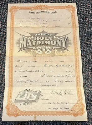 1916 Linneus Missouri Marriage Certificate Herbert Smith-Aria Irene Sportsman • $16