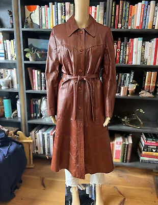 Vintage Leathercraft Brown Cognac Long Leather Trench Coat Removable Liner Sz M • $64