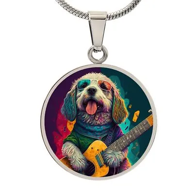 Colorful Dog Playing Guitar Engrave-able Necklace -  Gift For Music   Pet Lovers • $29.95