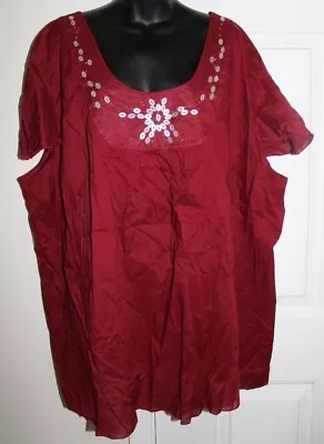 NWOT Mainstreet Blues 4x Red Cap Flutter Sleeve Beaded Blouse Cotton  • $7.49