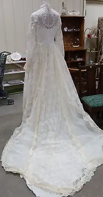 Vintage White Lace Applique Bead COLONIAL Wedding Dress Long Sleeve Small • $65