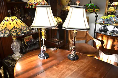 Pair Vintage Mid Century Bronze Art Nouveau Monkey Table Lamps • $189