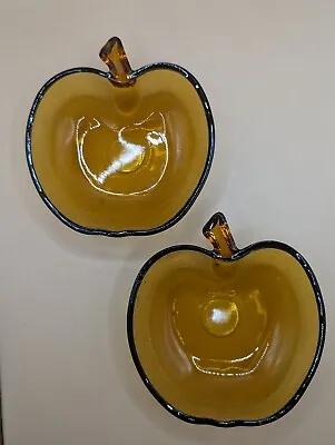 Set Of 2 Hazel Atlas Vintage MCM Amber Glass Apple Dishes Trinkets Nuts Candy • $0.99