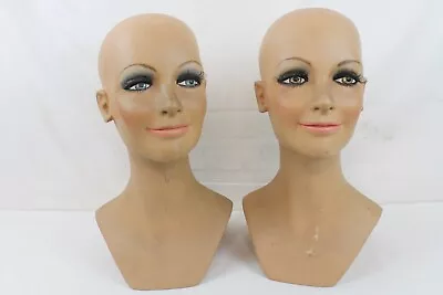 2 Vintage Fiberglass Mannequin Bust Head Wig Painted Eyes Smile Girl Halloween • $119.99