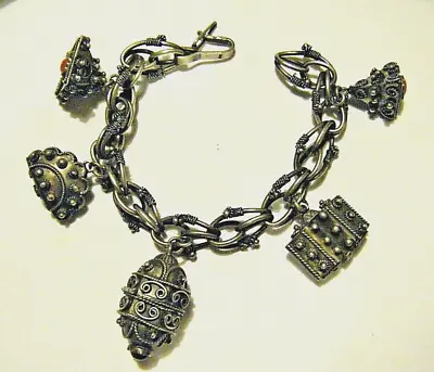 8  Vintage Italian Etruscan Revival 5 Chunky Fob Charm Bracelet 800 Silver Coral • $150