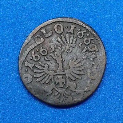 Double Stamp. Poland Lithuania Solidus Szelag 1663 Copper Coin.  # 2 • $95