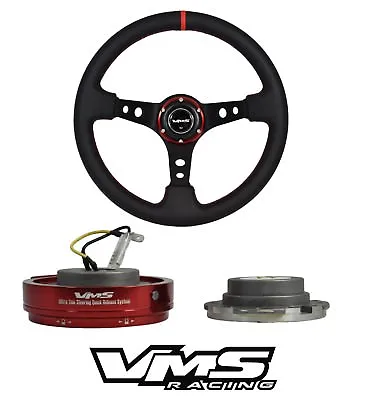 Vms Racing Pilotta Red Leather 350mm Steering Wheel + Quick Release For Mazda • $139.88