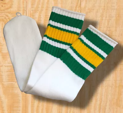 VINTAGE 80s NOS 1 PAIR HIGH HI STRIPED TUBE SOCKS WHITE GREEN GOLD TEAM COLORS • $24.99