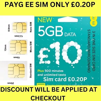 EE Sim Card Pay As You Go £10 Pack 5GB Data Unlimited SMS Mini Micro Nano PAYG • £0.99