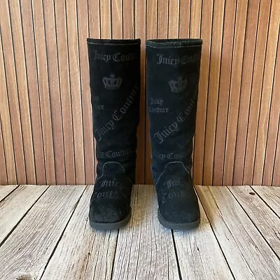 VTG Juicy Couture Women’s Black Knee High Suede Spell Out Logo Winter Boots 8 • $45