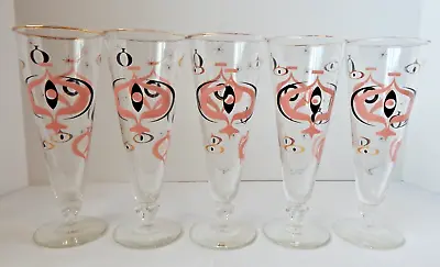 Vintage Pink/Black/Gold Atomic Star Seville Five Pilsner Glasses Starburst • $49.95