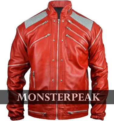 MJ Beat It Michael Jackson Red Leather Jacket With Real Metal Mesh XXS - 5XL • $109