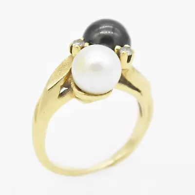 14k Yellow Gold Vintage Black & White Pearl/Diamond Ring Size 3 • $210.39