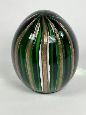 Vintage Murano Art Glass Green And Gold Ribbons Egg Paperweight • $76