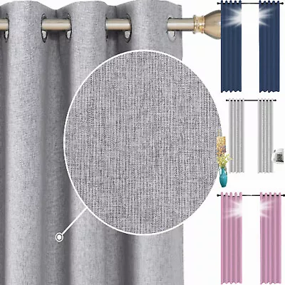 Blackout Thermal Thick Curtains  Self Lined Ring Top Eyelet Linen Valencia Grey • £24.99