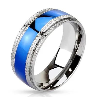 Stainless Steel Men's Blue Stripe Beaded Step Edge Comfort Fit Wedding Band Ring • $8.99