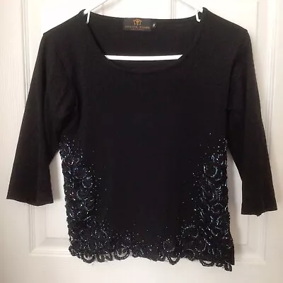 Amanda Adams Shirt Women’s Black Beaded 3/4” Sleeves Size Medium • $22