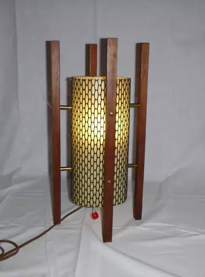 Vtg Mid Century Modern Rocket Table Lamp Metal Mesh Column Wood Stands 18  H • $179