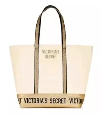 NWT Victoria's Secret Beige Canvas Zipper Gold Sparkle / Glitter Tote Bag  • $22