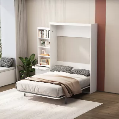 Full Size Bed Frame Wood Murphy Bed With Shelf And Drawers For Bedroom White • $1185.09