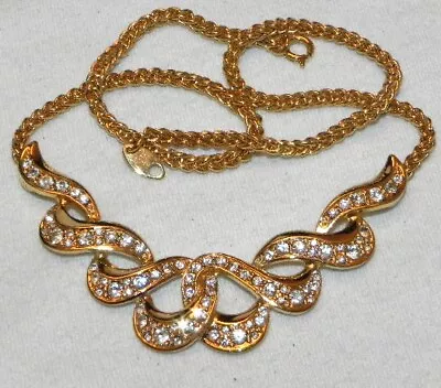 Vintage 80s Trifari TM Clear Rhinestone Gold Tone Swirl Choker Necklace • $14.90