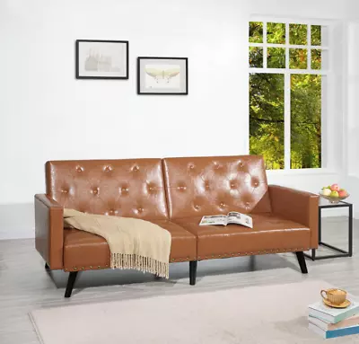 Convertible Futon Sofa Bed Sleeper Adjustable Living Room Couch Tan Leather • $219.99