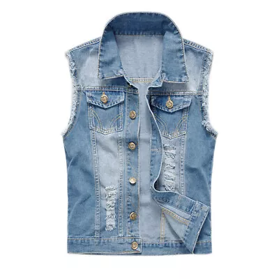 Fashion Men Denim Vest Euramerican Style Men Denim Vest Jeans Ripped Jacket Tops • $27.28