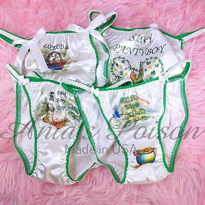 St Patrick's Satin Panties Naughty Humiliation Text White String Bikini Panties • $21.50