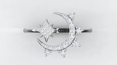 Star Moon Silver Ring  -White American Diamond Silver Ring- Ring Gift For Her • $48.97
