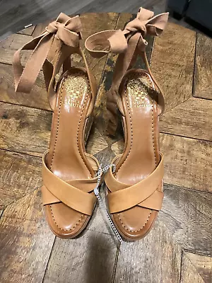 Vince Camuto Pharrah Leather & Fabric Tie Espadrille Wedge Sandals Tan Size 10M • $40.45