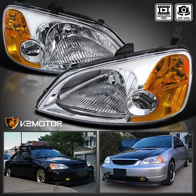 Fits 2001-2003 Honda Civic Clear Headlights Amber Signal Lamps Left+Right 01-03 • $62.38