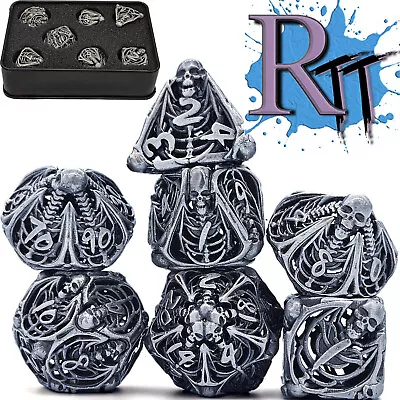 Hollow Silver Gray Metal Skull Skeleton DND Dice Set Polyhedral Dungeons Dragons • $29.98