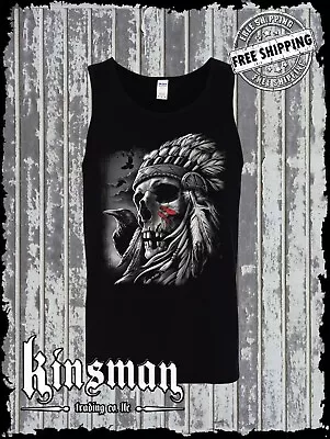 Chief Skull Native American Indian Tank Top T-Shirt War Bonnet Crows Feathers • $18.95