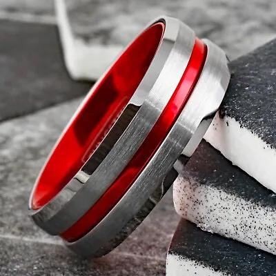 Tungsten Brushed Silver Thin Red Line Band Ring Firefighter First Responder • $14.99