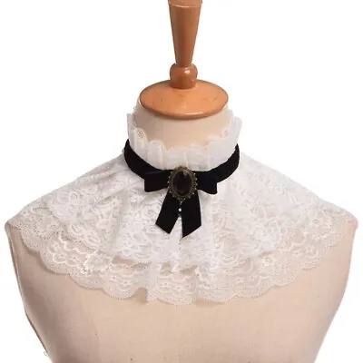 Victorian Lady White Neck Ruff Lace Up Bowknot Edwardian Girls High Neck Collar • $10.99