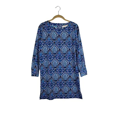 Loft Womens XSP XSmall Petite Long Sleeve Blue Mod Retro Tile Print Shift Dress • $14.86