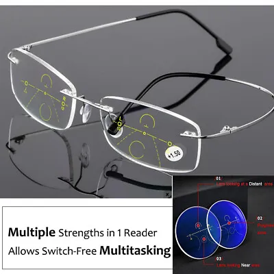 Men 3 Zones Multifocal Progressive Rectangle Flexible Titanium Reading Glasses • $19.99