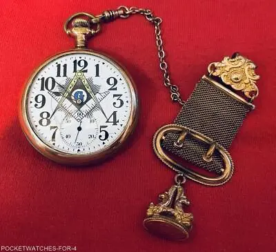 1915 ILLINOIS 16s POCKET WATCH W/ FOB MASONIC GOLD-FILLED CASE & DIAL RUNNING • $625