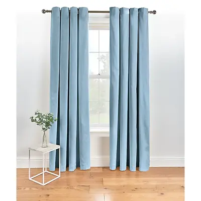 ASDA Pair Of Curtains Plain Blue 100% Cotton Eyelet Top Readymade Fully Lined • £18.99