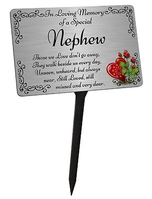 Nephew Memorial Plaque & Stake. Brushed Silver Waterproof Garden Grave • £12.99