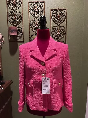 $99.90 • Buy 100% Authentic ZARA ￼Fuchsia Pink Buttoned Textured Weave Blazer $149+Tax SZ: S