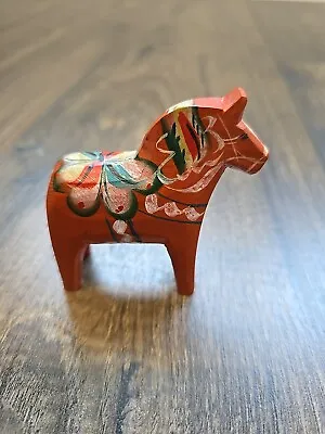 Vintage Nils Olsson Orange Floral  Wooden Dala Horse Sweden Original Label • $29.99