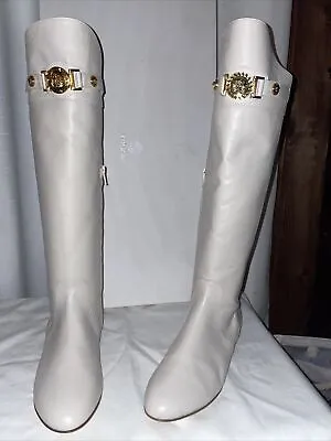 Versace Cream Leather Knee High Boots Woman’s 8.5 NIB • $350