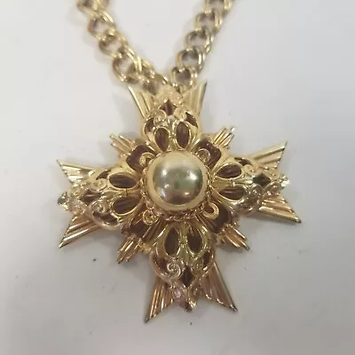 Vintage Maltese Cross Gold Tone Large Pendant Chain Necklace 18” • $49.99