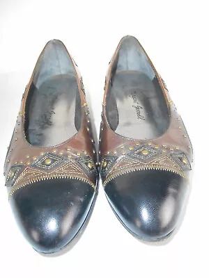 Margaret Jerrold Brown Leather Pumps With Geometric Accents • $18.66