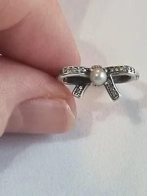 Genuine Pandora Ring 925 Bow Pearl And Cubic Zirconia SizeSize L • £22