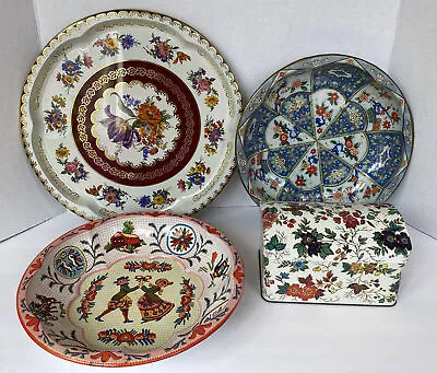 Daher Decorated Ware Tin Metal 4 Piece Lot Made In England Vintage Bowl Box Tray • $27.50