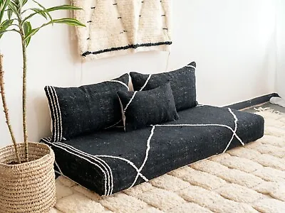 Moroccan Handmade Floor Couch - Unstuffed Cotton Black Sofa Covers + Pillow Case • $474.64