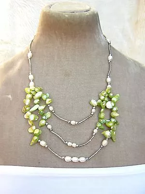 21  Green & White Real Fresh Water Pearl Silver Tone Multi Row Cluster Necklace • £12.99