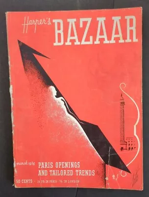 HARPER'S BAZAAR March 1936 ERTÉ Art Deco Cover SCHIAPARELLI Mainbocher COCTEAU G • $20.50